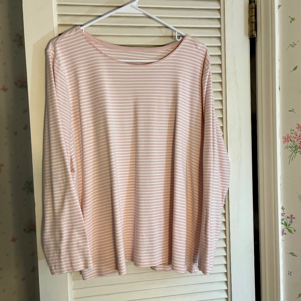 CJ Banks Long Sleeve Pink Striped Satin-Neck Tee 1X